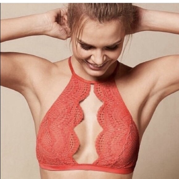 Victorias Secret Strappy Keyhole Hi Neck Bra Bralette Coral - Picture 1 of 7